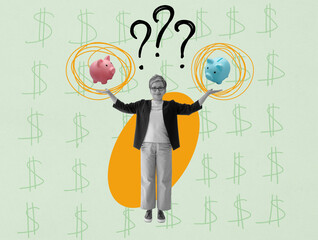 Woman holding two piggy banks symbols of choosing pension plan.
