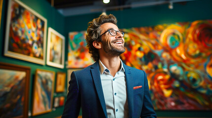 Art Curator Engaging with a Captivating Painting