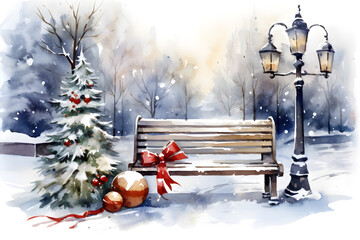 Bench on the road. Cityscape with skyscraper and Christmas tree in modern city on snowvy season to X'mas celebrate. Watercolor illustration background, Generative AI