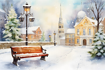 Bench on the road. Cityscape with skyscraper and Christmas tree in modern city on snowvy season to X'mas celebrate. Watercolor illustration background, Generative AI