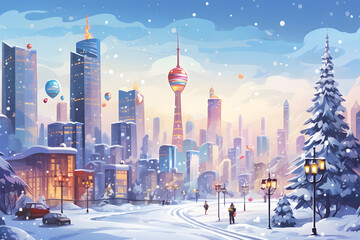 Fototapeta na wymiar Cityscape with skyscraper and Christmas tree in modern city on snowvy season to X'mas celebrate. Watercolor illustration background, Generative AI