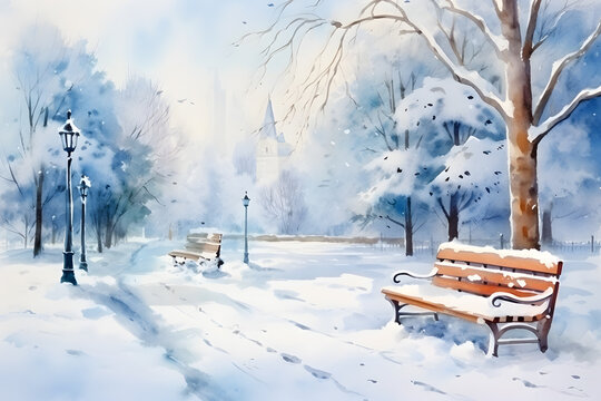 Bench on the road. Cityscape with skyscraper and Christmas tree in modern city on snowvy season to X'mas celebrate. Watercolor illustration background, Generative AI