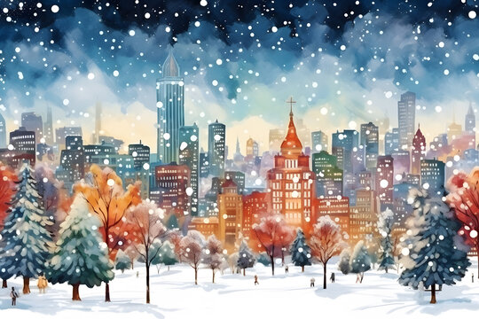 Cityscape with skyscraper and Christmas tree in modern city on snowvy season to X'mas celebrate. Watercolor illustration background, Generative AI