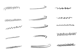 Set of blue pencil drawn curves, lines. Pencil style, handwritten, handmade. Curves. Web, typography.