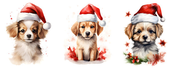 Watercolor set of cute dog with red Christmas hat on X'mas celebrating on isolate white background, Generative AI