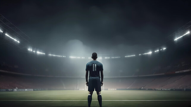 Football player stand behind ball looking for goal with showing number from back view in the stadium with spotlight.illustration vector.