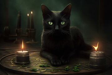 Black cat with green eyes and candles on a dark background. Halloween concept.