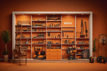 3D render of a working tools shelf in a garage with an orange background