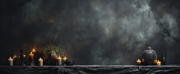 pared de marmol negro abstracta, con soporte conteniendo velas encendidas, y urna negra, lustracion de ia generativa