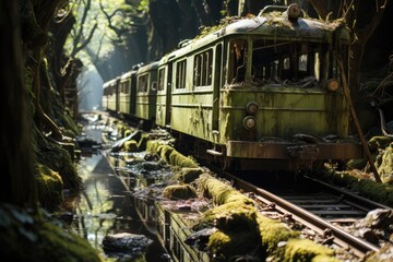 Nature's Reclamation: Immersing in the Enigmatic Beauty of a Disused, Moss-Blanketed Train on an Obscure Track Deep within a Dense Forest