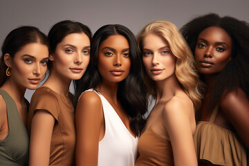 Portrait of many attractive female fashion models with great skincare of all races tones style Generative AI