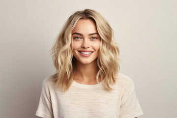 Obraz premium Generative AI portrait attractive young blonde hair girl smiling beauty concept isolated pastel color wall background