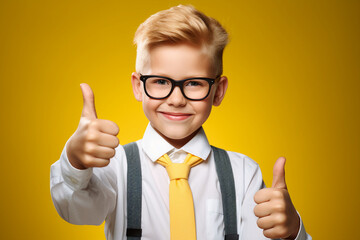 Generative ai collage picture of schoolkid make thumb up school discount advert