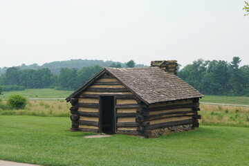 Log Cabin at Valley Forge, Grassy Field, Trees, Sky