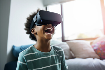 Generative ai collage photo of young kid  professional cyber gamer using vr box device