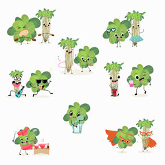 Obraz premium Vector set, collection with funny fresh cress, watercress, salad,kawaii, corn salad, cornsalad, lamb’s-lettuce, vegetable characters doing sports, playing musical instruments. 