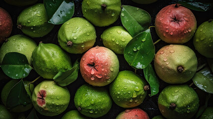 Heap of fresh, ripe guavas with waterdrops