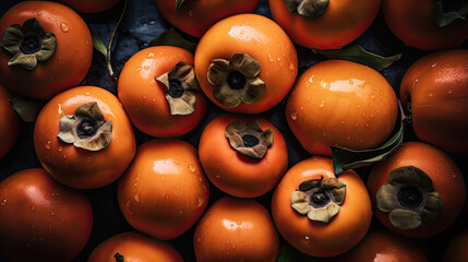 Heap of fresh, ripe persimmons with waterdrops