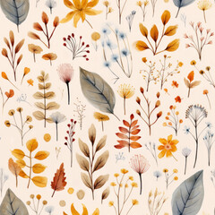 Watercolor seamless pattern with fall flowers and leaves, pressed flower autumn watercolor illustration with a beige background, unique floral graphic design