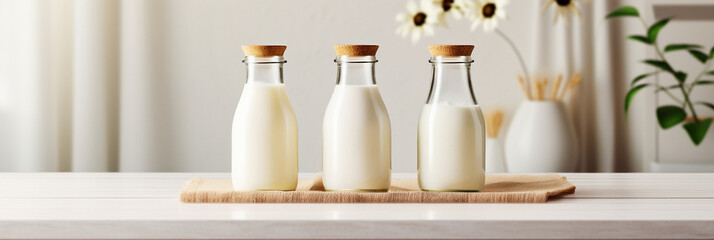 Milk bottles mockup on a table in the sunlight in the morning,healthy food,copy space,banner, dairy products for breakfast