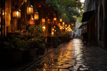 Lantern's Embrace: Gazing into the Entrancing Scenery of a Narrow Alley, where Hanging Lanterns Illuminate the Night with Patterns Dancing Across the Cobblestone Streets