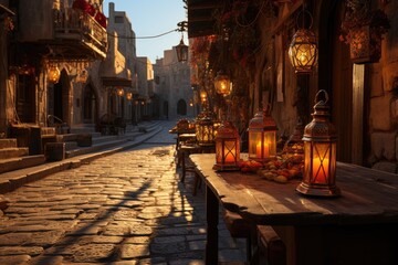 Fototapeta na wymiar Starry Pathways: Capturing the Ethereal Atmosphere of a Narrow City Alley, Bathed in the Radiance of Hanging Lanterns, Bestowing Captivating Patterns onto the Streets