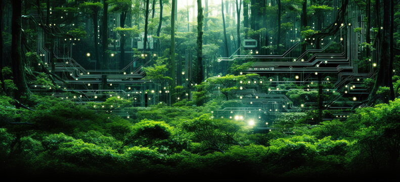 Eco, green nature conservation and advanced digital technology. Hand edited generative AI.
