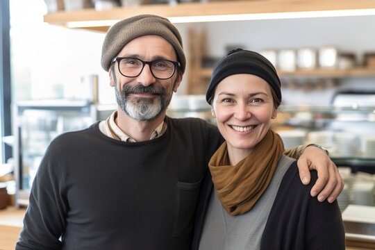 cafe owner portrait business shop job service occupation couple bakery happy food bread cake sweet pastry fresh apron family work, created using generative ai technology - Powered by Adobe