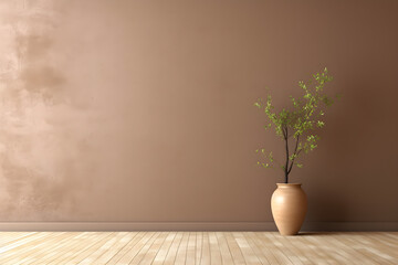 Fototapeta na wymiar Interior background of room with brown stucco wall and vase with branch 3d rendering