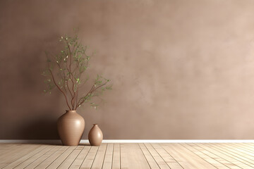 Interior background of room with brown stucco wall and vase with branch 3d rendering