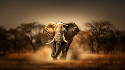 African elephant bull with long ivory tusks walking down dry savannah landscape during hot summer day, large and intimidating wildlife, Kalahari safari region - generative AI