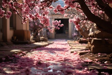 Pink Elysium: Venturing into the Peaceful Realm of a Secluded Pathway Bedecked in the Soft Splendor of Cherry Blossom Petals