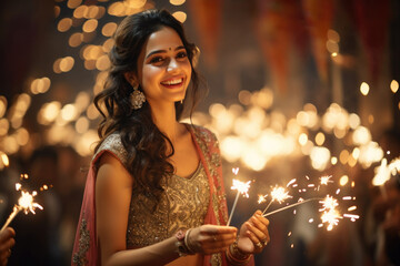 Indian pretty young girl playing with sparklers in diwali festival night