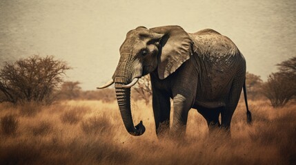 Fototapeta na wymiar African elephant bull with long ivory tusks walking down dry savannah landscape during hot summer day, large and intimidating wildlife, Kalahari safari region - generative AI