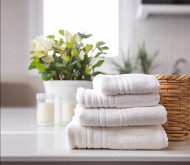 Fototapeta na wymiar Stack of clean towels on countertop in bathroom. Generative AI