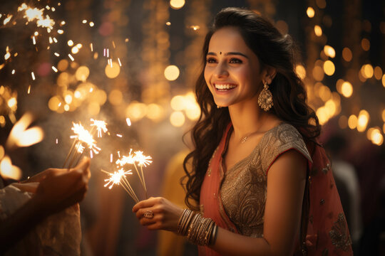 Indian pretty young girl playing with sparklers in diwali festival night