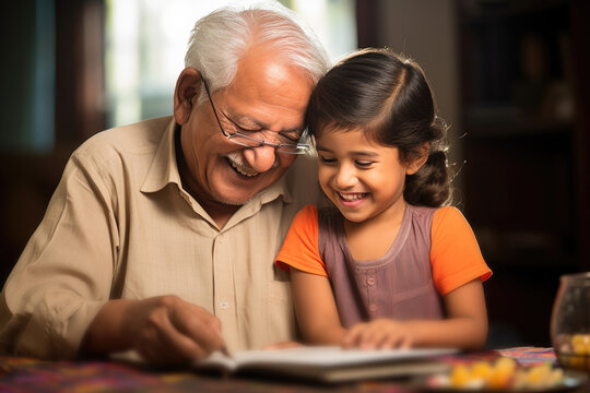 Indian Grandfather Studying With Grandson Or Grand Daughter With Fun At Home