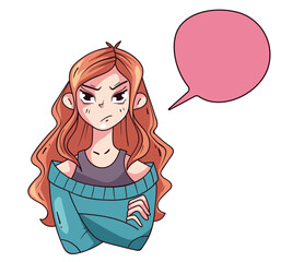 Anime manga girl character with speech bubble concept. Vector flat graphic design illustration