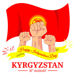 Vector graphic of Kyrgyzstan Independence Day for greeting card with clenched fist, fireworks and ribbon
