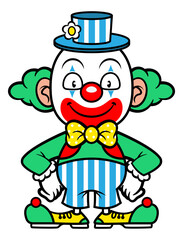 Cartoon illustration of clown wearing hat and bowtie standing and smile. Best for mascot, logo, and sticker with circus themes for kids