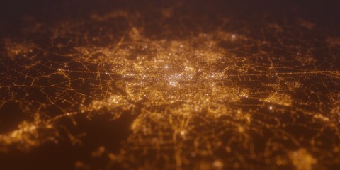 Street lights map of Odence (Denmark) with tilt-shift effect, view from north. Imitation of macro shot with blurred background. 3d render, selective focus