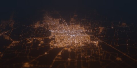 Street lights map of Cordoba (Argentina) with tilt-shift effect, view from south. Imitation of macro shot with blurred background. 3d render, selective focus