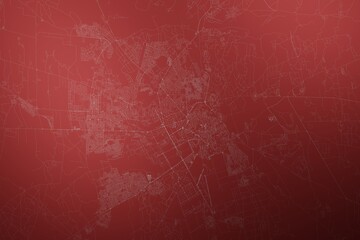 Map of the streets of Marrakesh (Morocco) made with white lines on abstract red background lit by two lights. Top view. 3d render, illustration