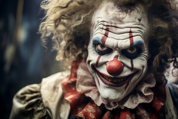 Sinister Circus: Portrait of Terrifying Clown Monster in Vintage Carnival