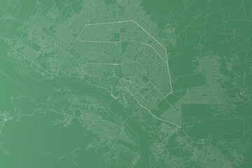 Stylized map of the streets of Niamey (Niger) made with white lines on green background. Top view. 3d render, illustration