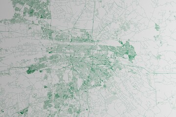 Map of the streets of Pretoria (South Africa) made with green lines on white paper. 3d render, illustration