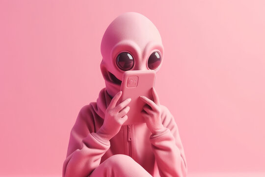 Pink aliens look at phone, roaming and internet outside the galaxy. Emotional alien. generative ai.