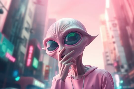 Pink aliens look at phone, roaming and internet outside the galaxy. Emotional alien on the background of the city. generative ai.