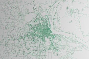 Map of the streets of Phnom Penh (Cambodia) made with green lines on white paper. 3d render, illustration