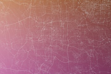 Map of the streets of Foshan (China) made with white lines on pinkish red gradient background. Top view. 3d render, illustration